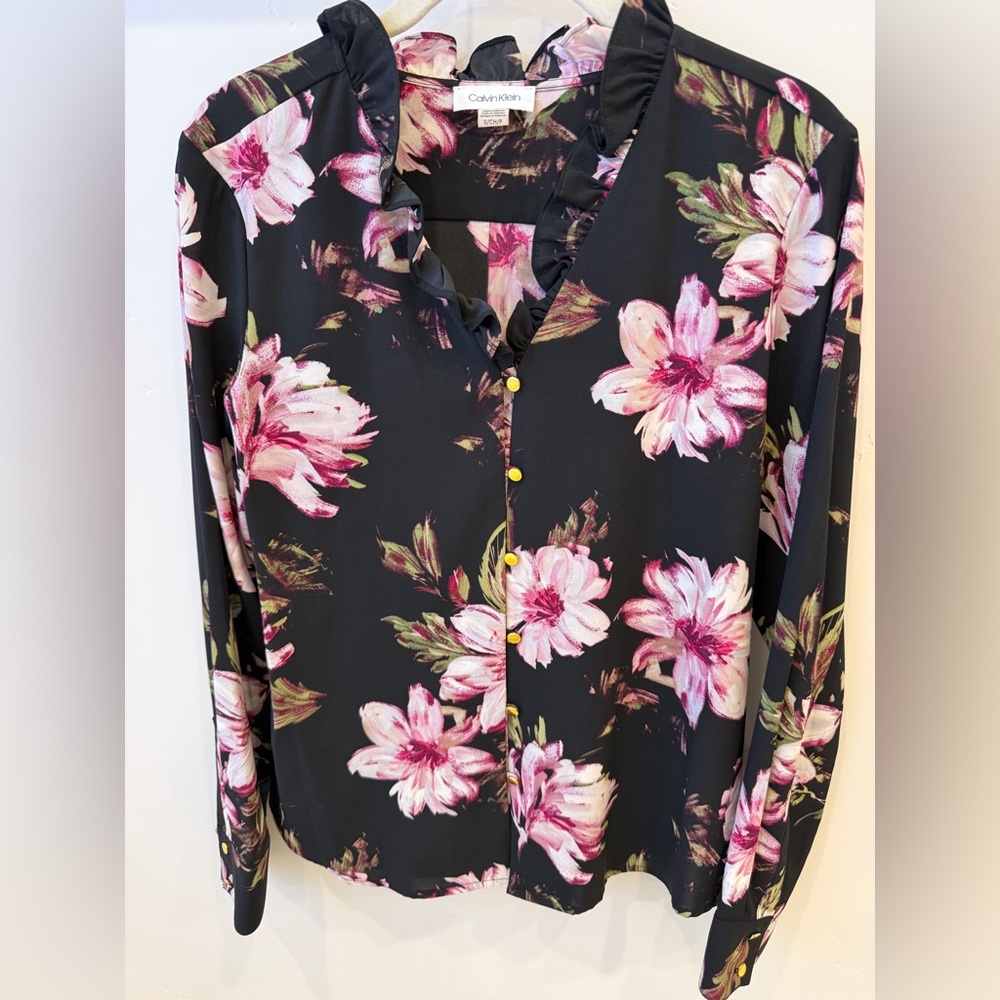 Calvin Klein Black Button-Front Floral Blouse with Pink Flowers